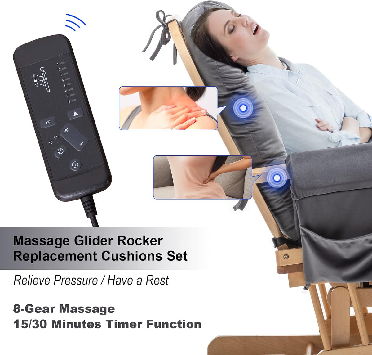 Paddie Dark Grey Massage Glider Rocker Replacement Cushions with Storage Velvet Washable Non Slip for Glider Rocking Chair, 5PCS