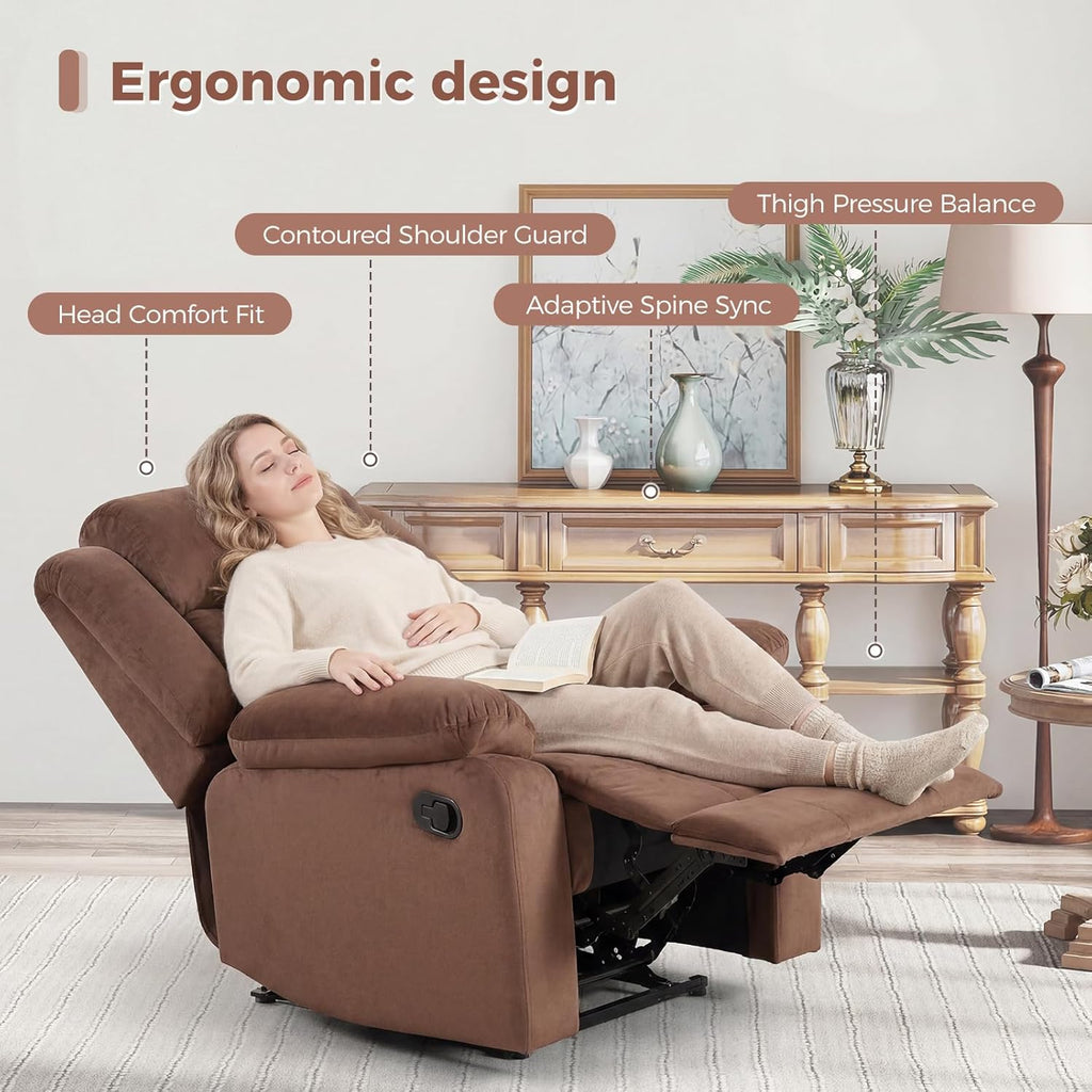 ANJ Manual Recliner Chair for Adults, Velvet Reclining Chair with Padded Arms and Overstuffed Backrest, Single Recliner Sofa for Living Room, Dark Brown