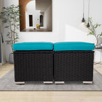 Wicker Outdoor Patio Ottoman - 2 Pack Outdoor Ottomans for Patio, Side Table with Storage, Removable Cushions Square Foot Rest Seating for Patio, Porch, Deck (Black-Blue)