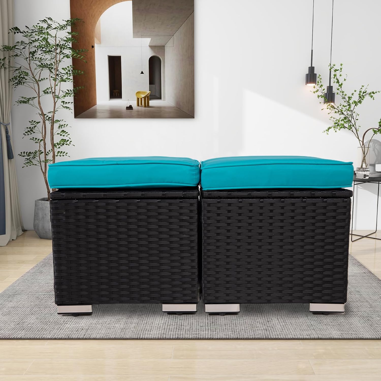 Wicker Outdoor Patio Ottoman - 2 Pack Outdoor Ottomans for Patio, Side Table with Storage, Removable Cushions Square Foot Rest Seating for Patio, Porch, Deck (Black-Blue)