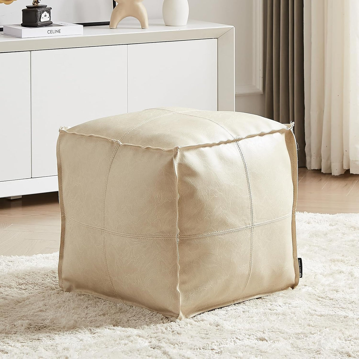 Louis Donné 17.7 Inch Unstuffed Square Pouf Ottoman Cover, Handmade Faux PU Leather Foot Rest Cover, Storage Floor Chair Cushion Case,White Decorative Pouf for Living Room Home,Only Cover No Filler