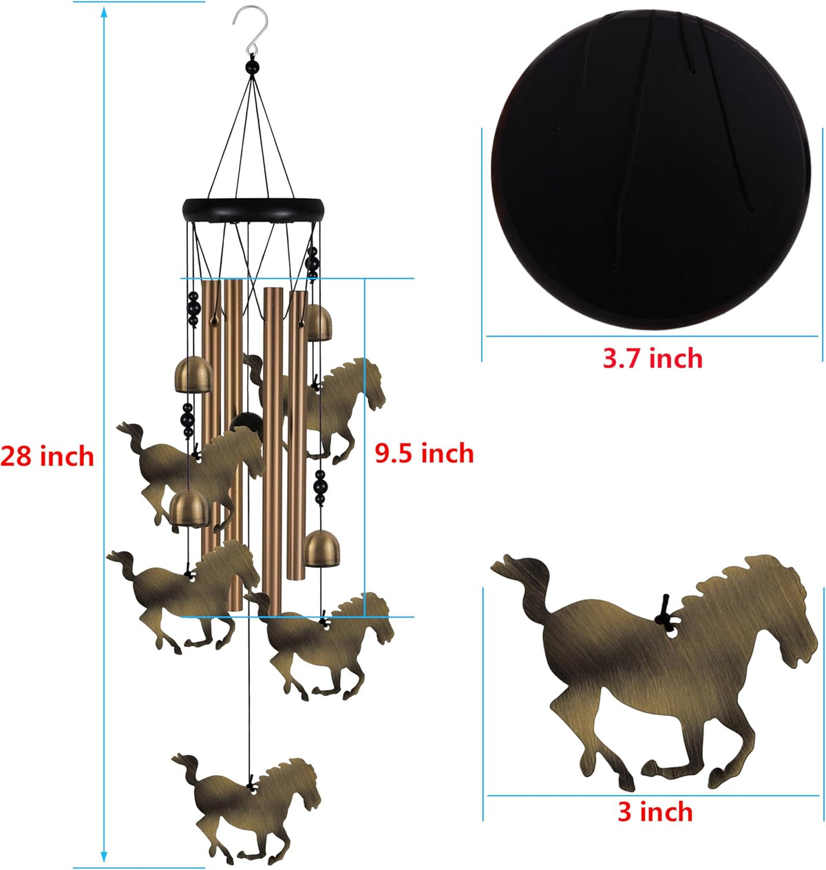 Horse Wind Chimes Outdoor Decor - with 4 Tubes 4 Bells 5 Horses Wind Chime, Mobile Romantic Horse Wind Catcher, Garden Horses Windchimes for Home, Mom Gifts, Balcony, Tree, Festival, Garden Decoration