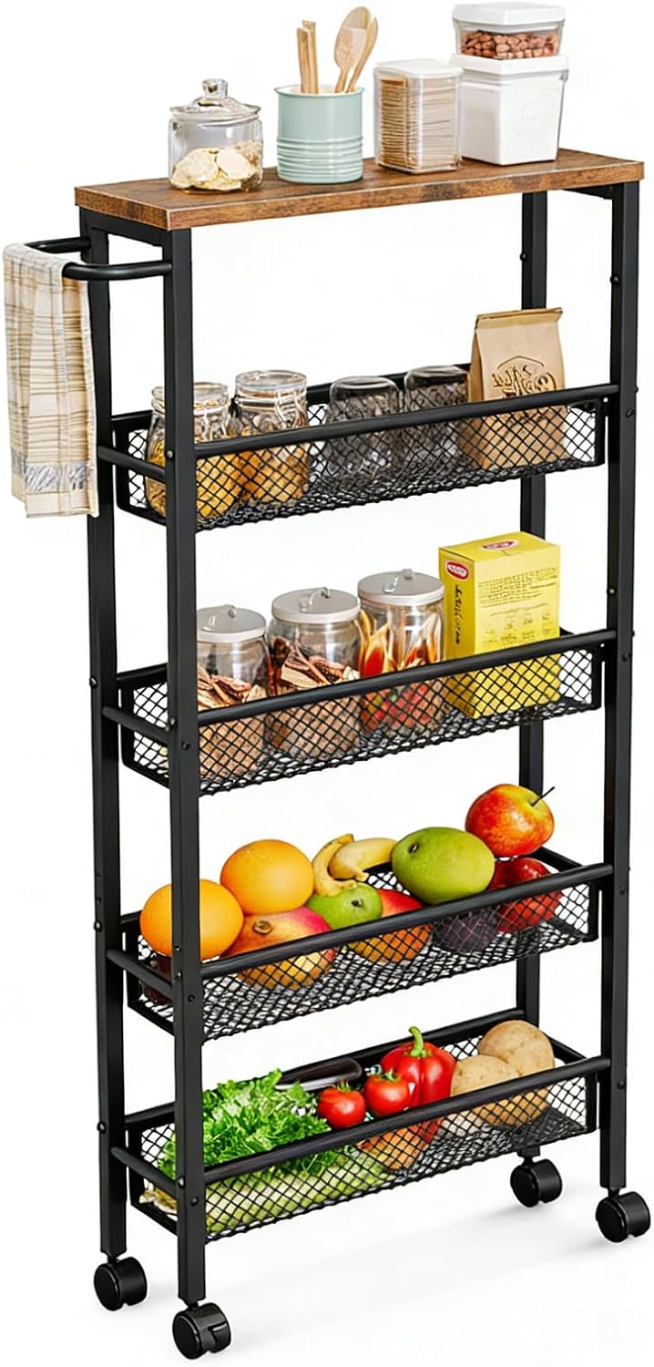AZERPIAN Slim Rolling Cart 5 Tier Narrow Storage Cart on Wheels with Handle | Lockable Wheels, Wood Top Panel, Metal Frame Utility Carts for Kitchen, Dining, Living, Home Office, Laundry Room