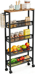 AZERPIAN Slim Rolling Cart 5 Tier Narrow Storage Cart on Wheels with Handle | Lockable Wheels, Wood Top Panel, Metal Frame Utility Carts for Kitchen, Dining, Living, Home Office, Laundry Room