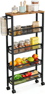 AZERPIAN Slim Rolling Cart 5 Tier Narrow Storage Cart on Wheels with Handle | Lockable Wheels, Wood Top Panel, Metal Frame Utility Carts for Kitchen, Dining, Living, Home Office, Laundry Room