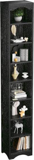 VECELO Curved Top Narrow Tall Bookshelf, 6 Adjustable Movable Shelves, Wood Space Saving Corner Storage Organizer, Sleek Black