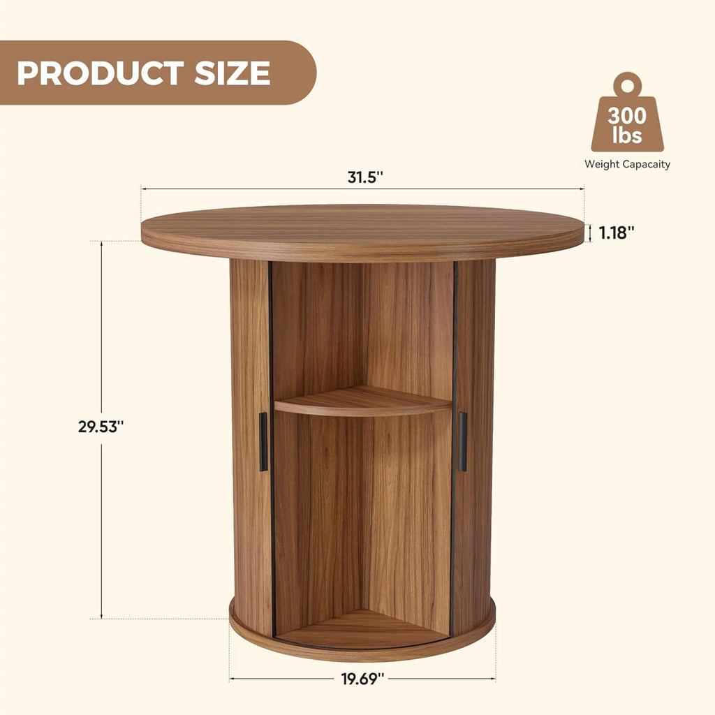 Nalupatio 31.5 Inch Round Dining Table for 2, Versatile Two-Person Kitchen Table with Half-Open Storage Shelf & Sliding Door, Modern Farmhouse Circle Dinner Table for Dining Room, Living Room, Walnut