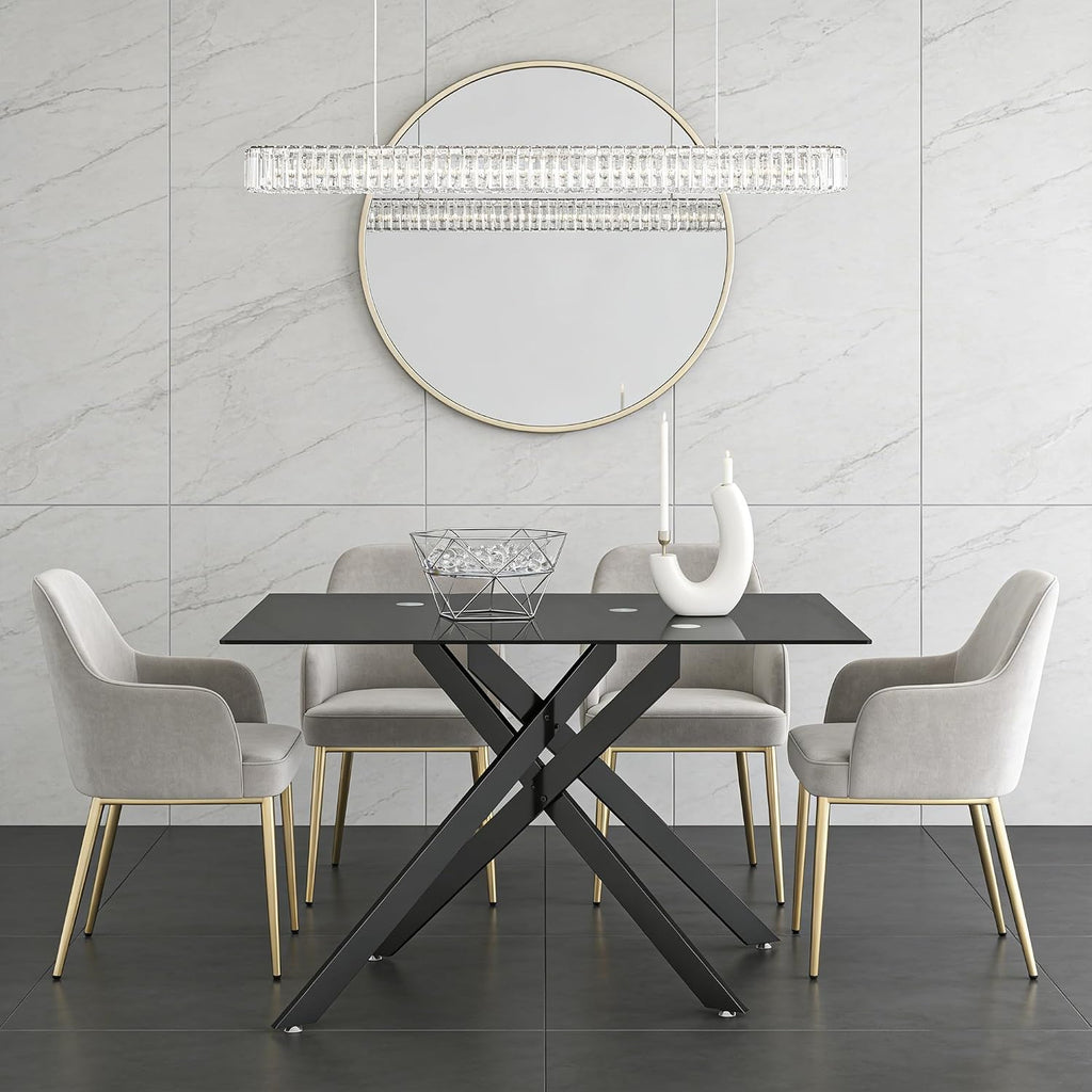 51.2" Glass Dining Table for 2-4 People, Modern Kitchen Table with Black Chromed Legs, Rectangular Dinner Table for Small Space, Apartment, Office, All Black
