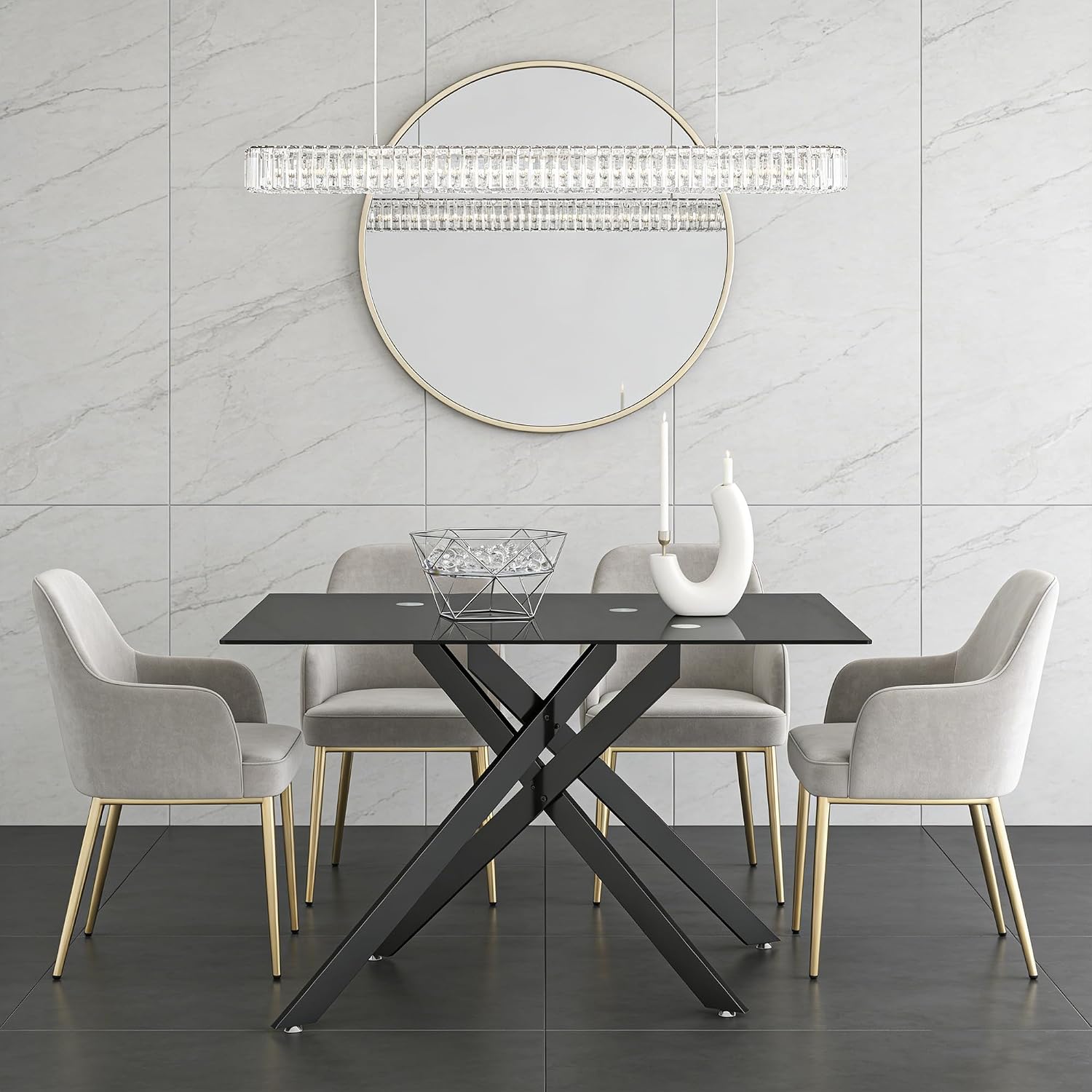 51.2" Glass Dining Table for 2-4 People, Modern Kitchen Table with Black Chromed Legs, Rectangular Dinner Table for Small Space, Apartment, Office, All Black