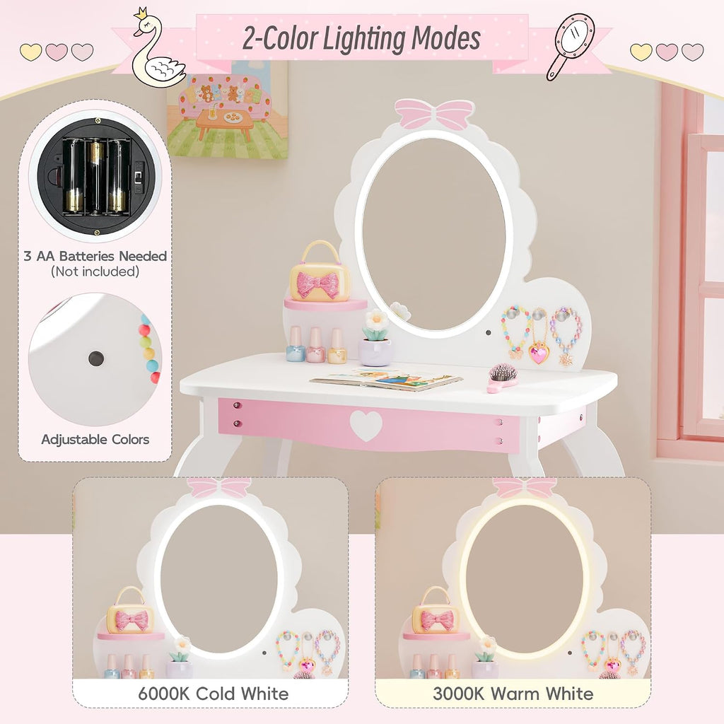 MU Kids Vanity Set with Lighted Mirror and Stool, Kids Makeup Vanity Desk with Storage Space, Bow Pattern for Girls, Toddler Princess Makeup Dressing Table with Chair Set, White