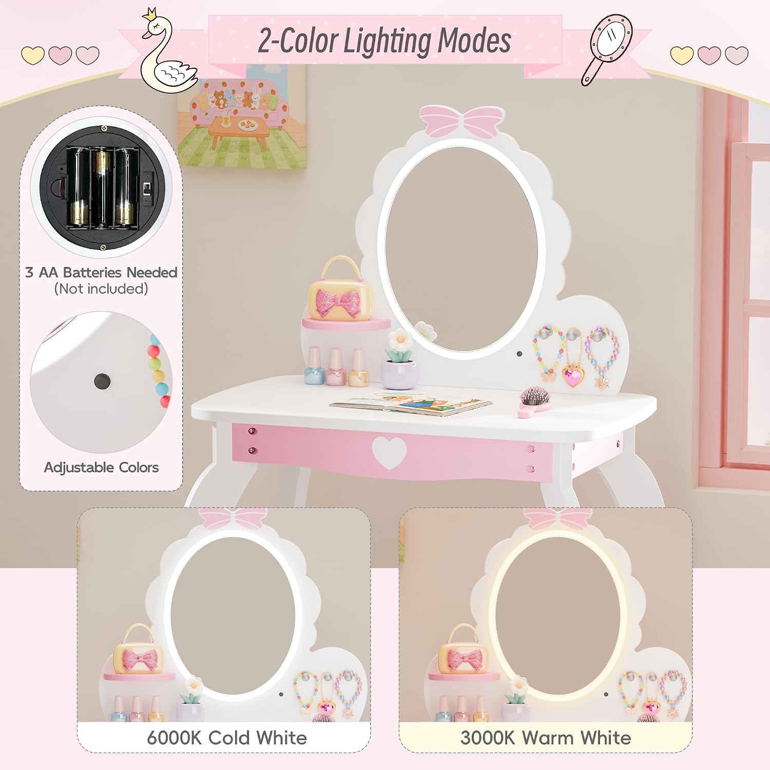 MU Kids Vanity Set with Lighted Mirror and Stool, Kids Makeup Vanity Desk with Storage Space, Bow Pattern for Girls, Toddler Princess Makeup Dressing Table with Chair Set, White