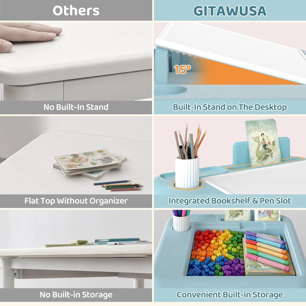 GITAWUSA Kids Table and Chair Set, Tilt Double-Sided, Storage, Grayish Blue | Height Adjustable Graffiti & Blocks Desktop, Toddler Activity Table for Age 3+ , Children Table for Playroom, Daycare, Home