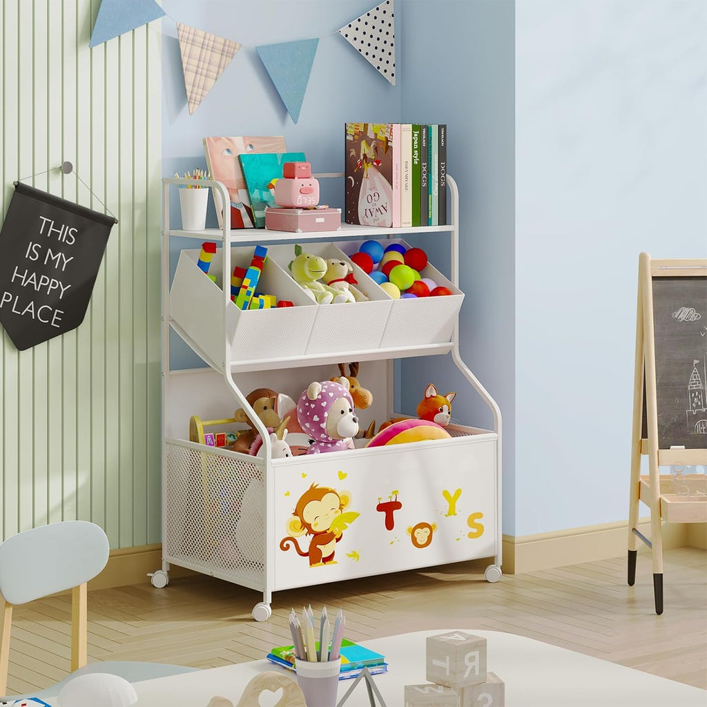 BBLIKE Toy Storage Organizer, Large Toy Box with Wheels for Boys and Girls | 15.8"x24.6"x 35.4", 3 Removable Fabric Toy Bins, Lockable Wheels, Stuffed Animal Organizer, Toy Chest Storage for Playroom