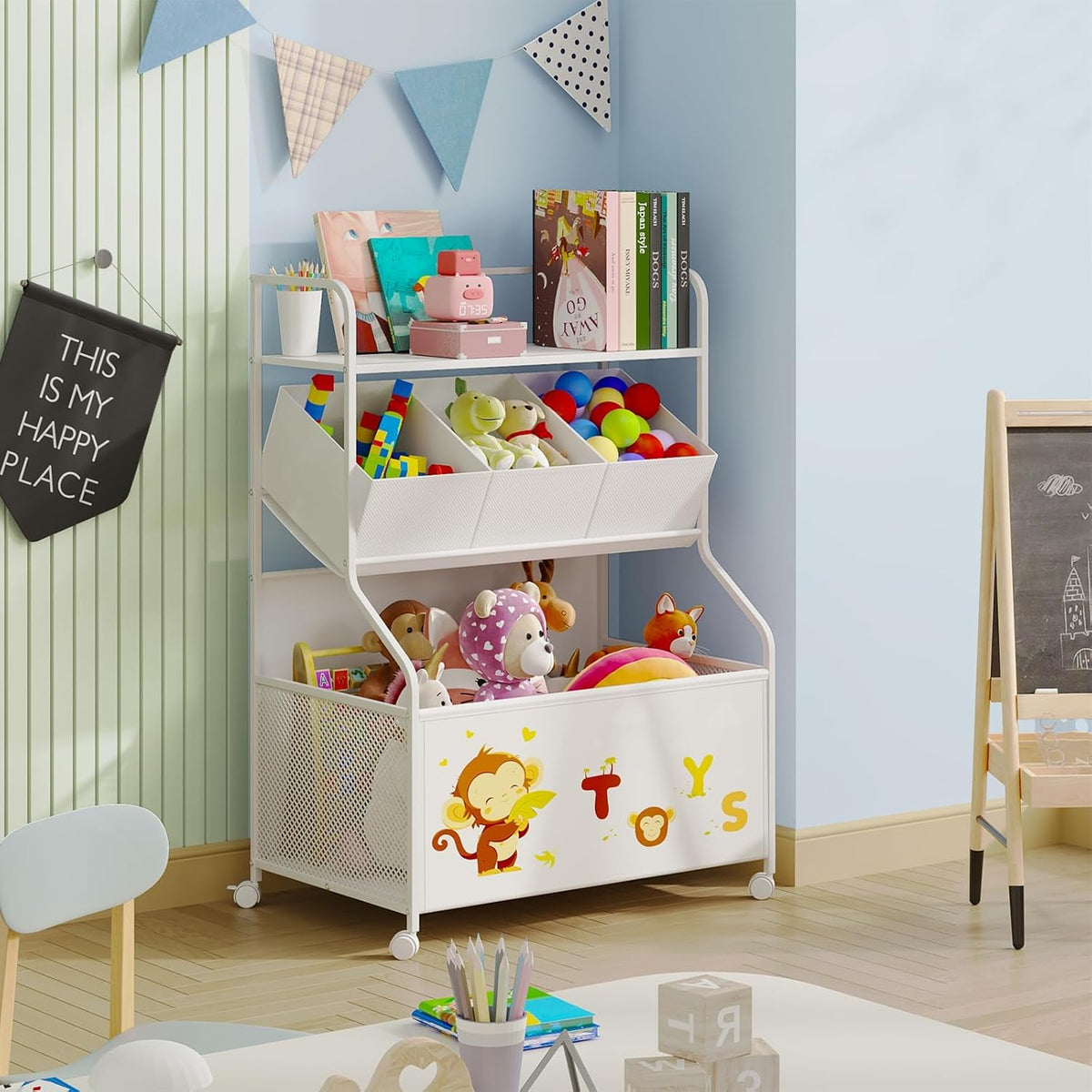 BBLIKE Toy Storage Organizer, Large Toy Box with Wheels for Boys and Girls | 15.8"x24.6"x 35.4", 3 Removable Fabric Toy Bins, Lockable Wheels, Stuffed Animal Organizer, Toy Chest Storage for Playroom