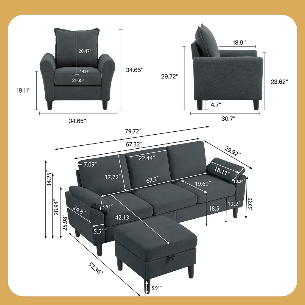 Convertible Sectional Sofa Set, 79" Modern L Shaped Couch, Linen Upholstered 3 Seat Sofa and 35" Accent Chair, Couches for Living Room, Apartment, Dark Grey