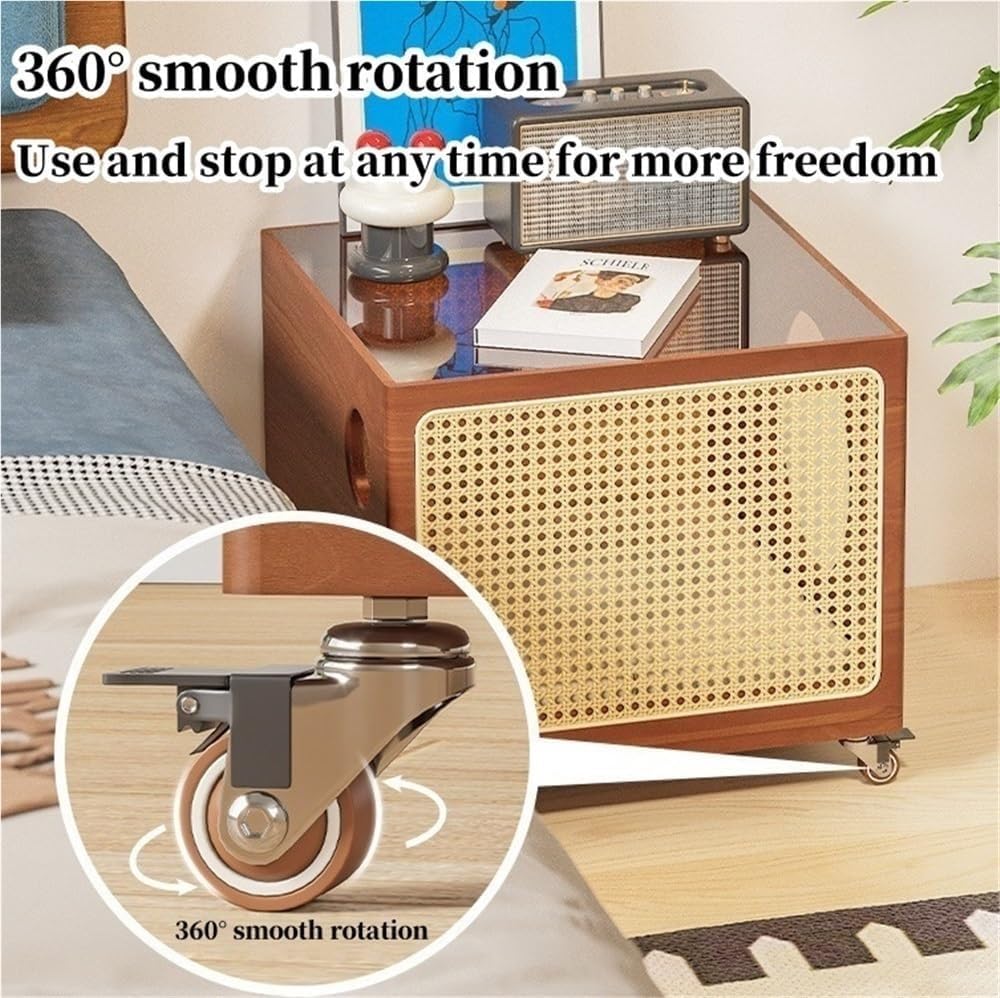 2-in-1 Cat Coffee Table Wood Rattan Side Cabinet with Glass Top Wheels Shared Pet-Human Furniture for Living Room Room Long-Lasting