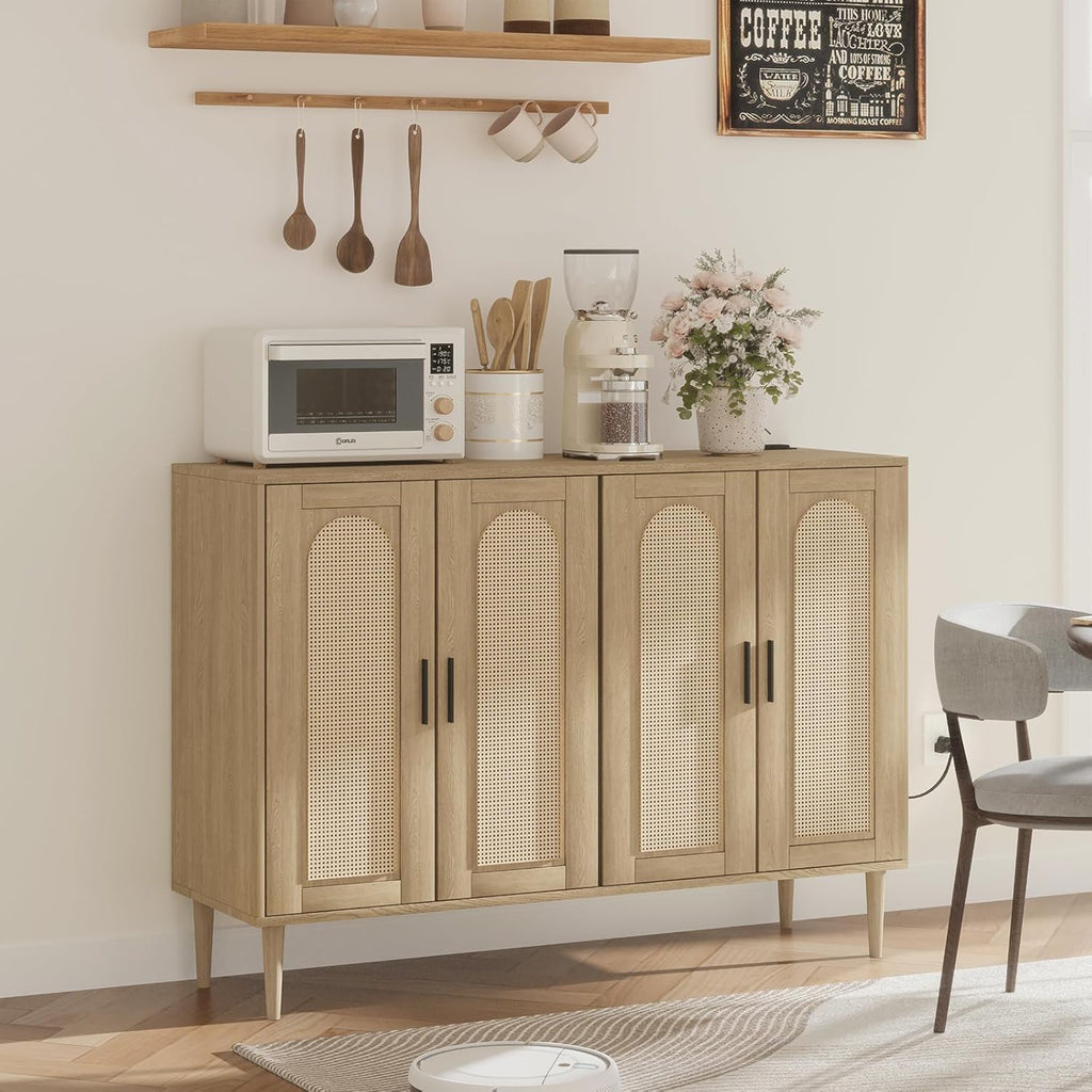 Patikuin Rattan Sideboard Buffet Cabinet, Boho Accent Storage Cabinet, 4 Doors Console Table Coffee Bar with Power Outlet, Adjustable Shelves for Kitchen, Dining Room, Hallway, Living Room (Wood)