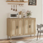 Patikuin Rattan Sideboard Buffet Cabinet, Boho Accent Storage Cabinet, 4 Doors Console Table Coffee Bar with Power Outlet, Adjustable Shelves for Kitchen, Dining Room, Hallway, Living Room (Wood)