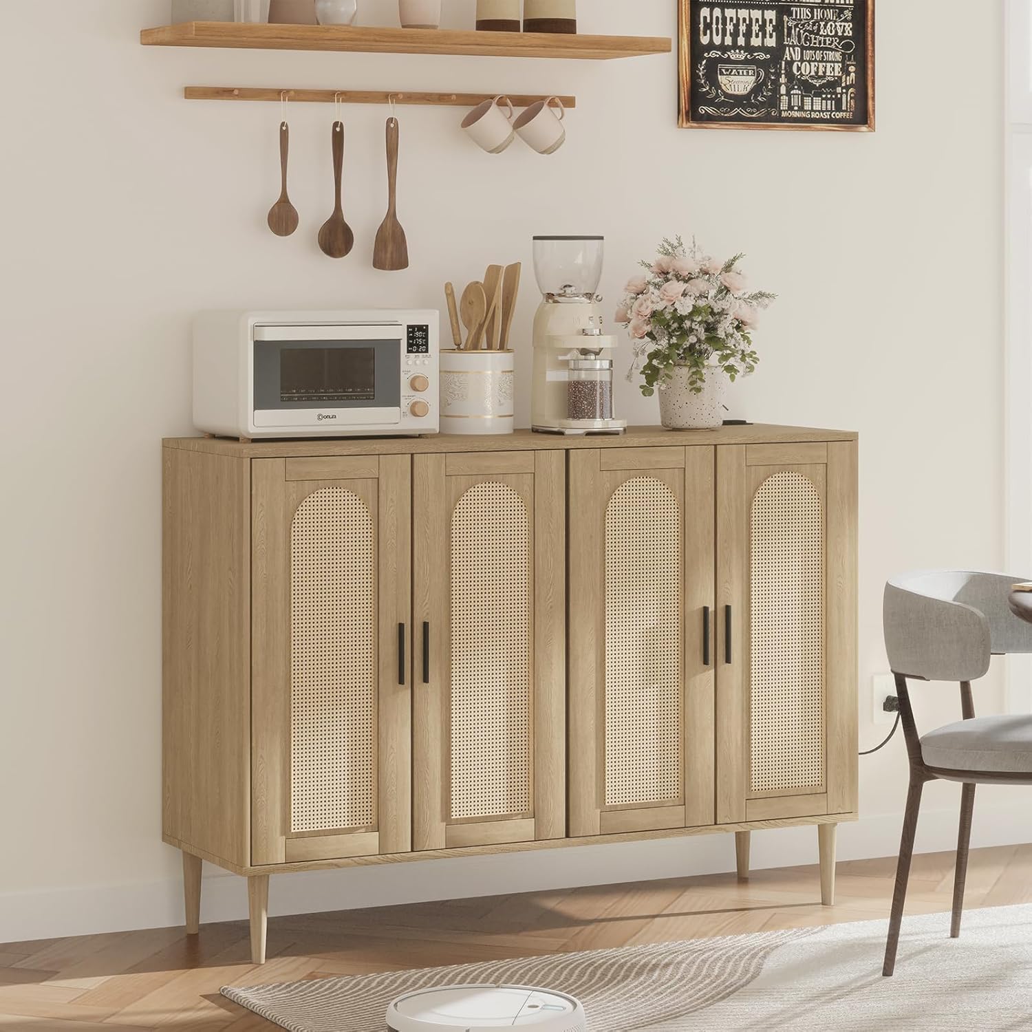 Patikuin Rattan Sideboard Buffet Cabinet, Boho Accent Storage Cabinet, 4 Doors Console Table Coffee Bar with Power Outlet, Adjustable Shelves for Kitchen, Dining Room, Hallway, Living Room (Wood)