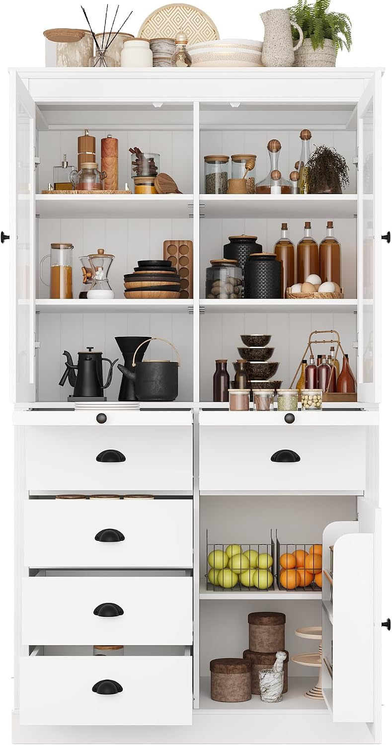 roomfitters 72" Kitchen Pantry Organizers and Storage Kitchen Cabinet, Storage Hutch with Glass Doors, 5 Drawers, White