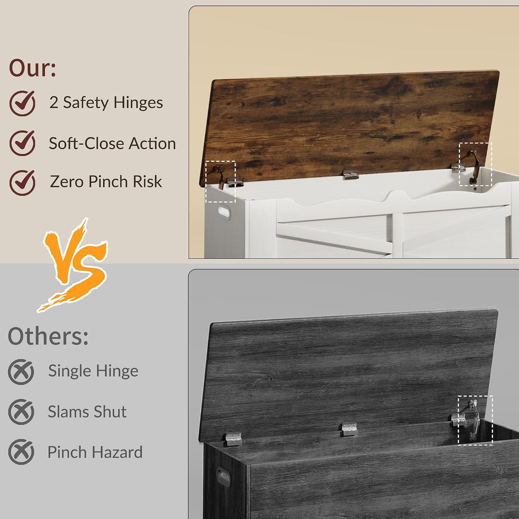 47.2" Wooden Storage Bench with 2 Safety Hinges, Flip Top Storage Trunk, 300lbs Load Capacity, Blanket Organizer Bench for Entryway Hallway Bedroom Living Room, White Walnut