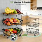 Pantry Floor Organizeron with Wheels, 3 Tier Rolling Fruit Vegetable Basket for Kitchen Stackable Wire Basket Stand for Home Removable Metal Vegetable Rack Wire Snack Cart