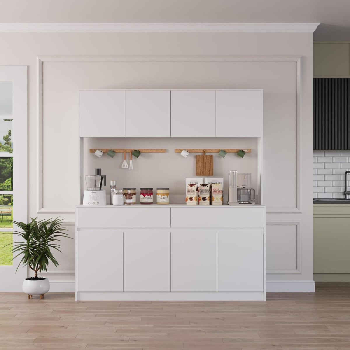70.87" H Large Kitchen Pantry Storage Cabinet with Microwave Oven Countertop, Freestanding Pantry Cabinet with Drawers for Kitchen, Living Room (White)