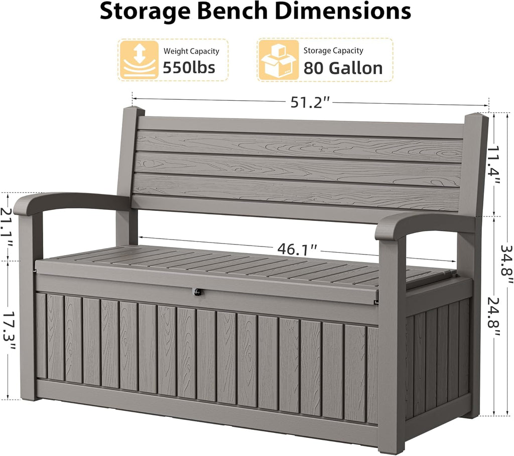 80 Gallon Lockable Deck Bench with Storage, Resin Stripes Outdoor Storage Box, Waterproof Outdoor Porch Bench for Cushions Garden Tools, and Pool Supplies, Grey