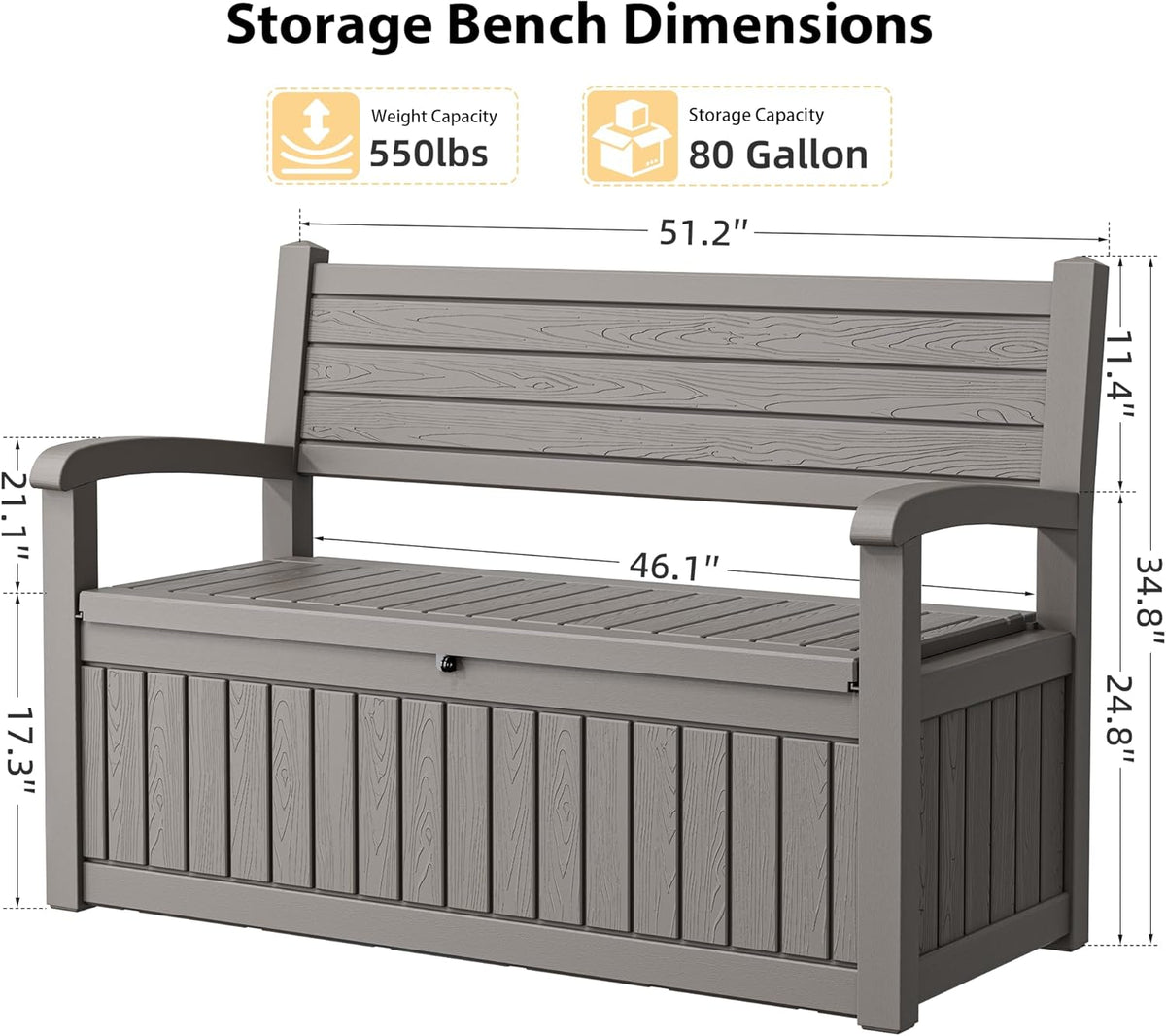 80 Gallon Lockable Deck Bench with Storage, Resin Stripes Outdoor Storage Box, Waterproof Outdoor Porch Bench for Cushions Garden Tools, and Pool Supplies, Grey