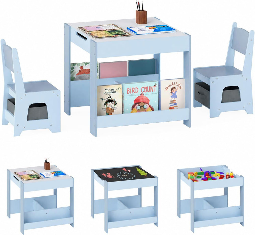 Children's Table with 2 Chairs Wood 3-Piece Furniture Set | Children's furniture set with shelf storage space and 4-in-1 painting table for children from 3 years