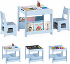 Children's Table with 2 Chairs Wood 3-Piece Furniture Set | Children's furniture set with shelf storage space and 4-in-1 painting table for children from 3 years