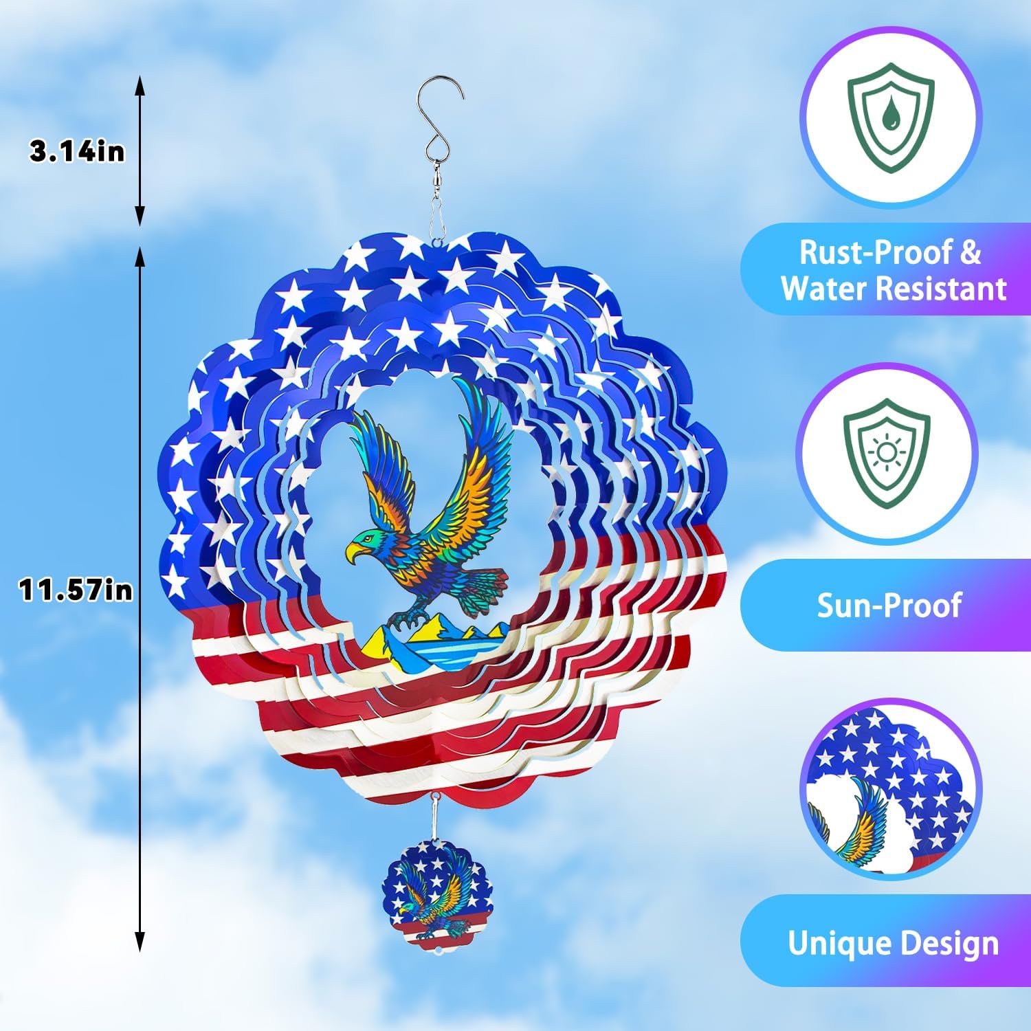 Wind Spinners,12 inch American Eagle with 360° Swivel Hook for Yard and Garden, Bird Wind Catcher, Metal Wind Spinners Outdoor for Lawn Hanging Crafts Decor Kinetic Yard Art Ornament Gifts