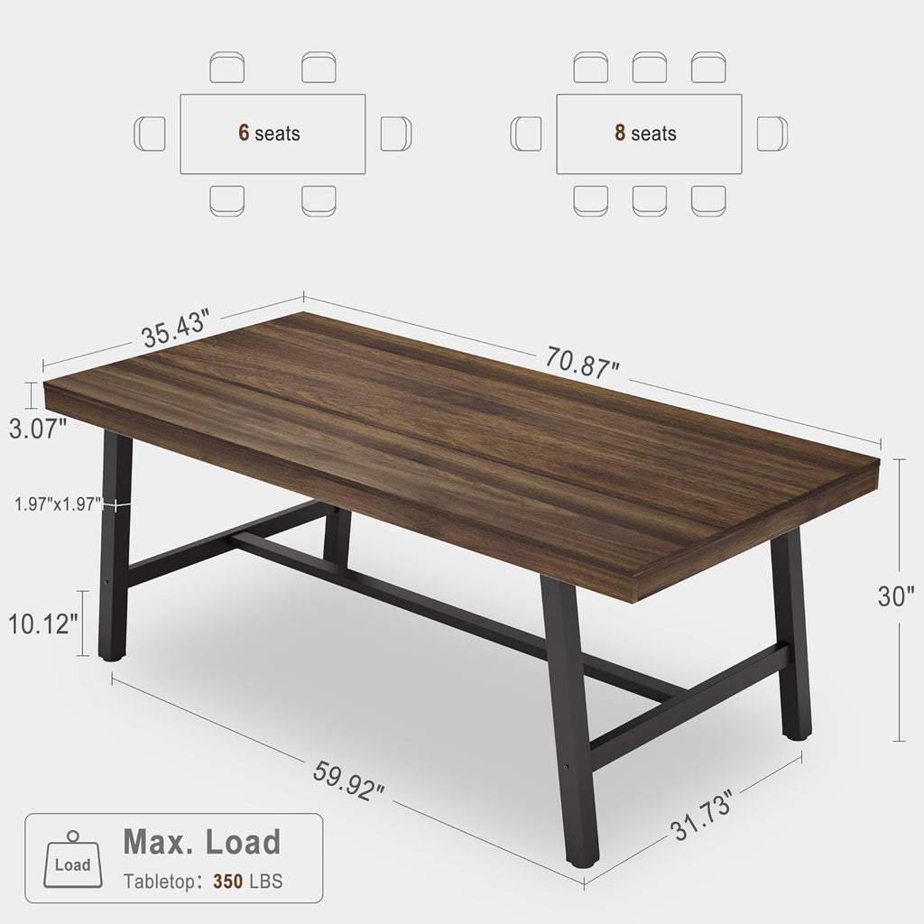 IDEALHOUSE Industrial Dining Table for 6-8 People, 70.87" Large Wooden Kitchen Table with Sturdy Metal Frame, Long Rectangular Dining Table Seats 6 for Dinner, Dining Room, Kitchen - Brown