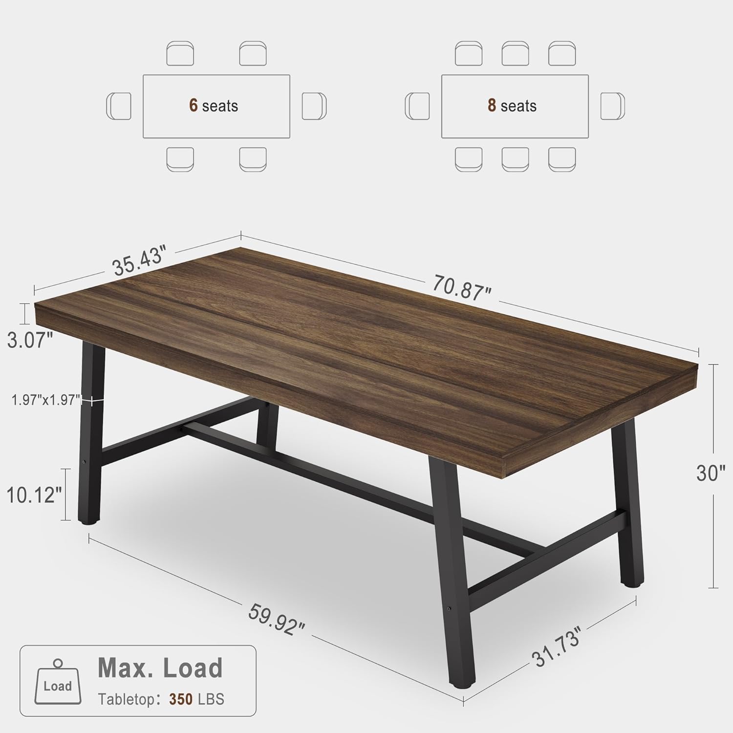 IDEALHOUSE Industrial Dining Table for 6-8 People, 70.87" Large Wooden Kitchen Table with Sturdy Metal Frame, Long Rectangular Dining Table Seats 6 for Dinner, Dining Room, Kitchen - Brown