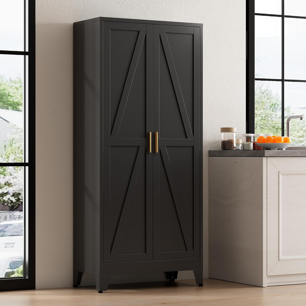 61" Tall Metal Pantry Cabinet, Kitchen Storage Cabinet with 2 Doors and 3 Adjustable Shelves for Kitchen, Living Room, Dining Room, Bathroom and Home, Office