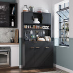 Kitchen Pantry Cabinet with Storage & Pegboard, 71" Tall Hutch Storage Cabinet with Power Outlets, Freestanding Food Pantry with Microwave Stand Spice Rack for Dining Room - Black