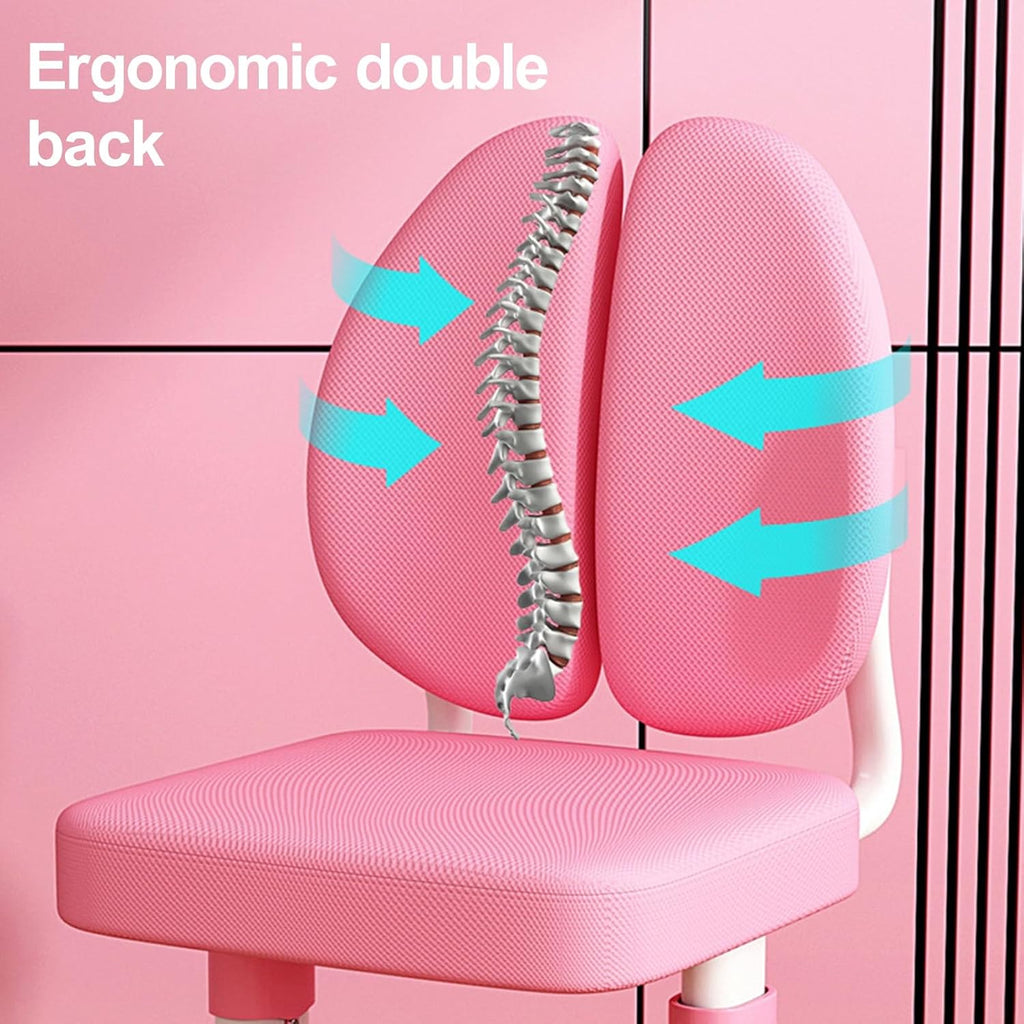 Kids Functional Desk and Chair Set, Height Adjustable Children School Study Table Chair Set with Astronaut Pattern, Ergonomic Desk Chair with Large Writing Board, Bookshelf and Drawer Pink