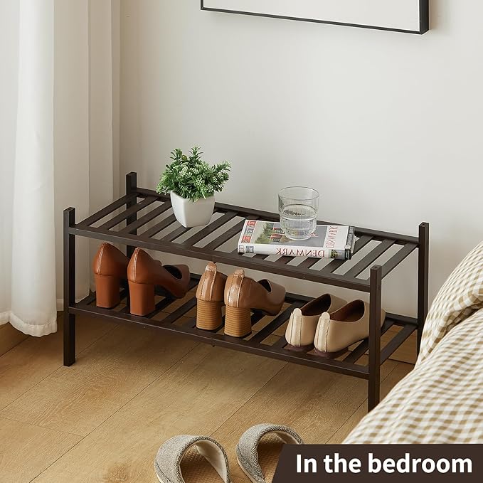 2-Tier Bamboo Shoe Rack for Entryway, Stackable | Heavy Duty | Multi-Function, Free Standing Shoe Racks for Bedroom Hallway Closet