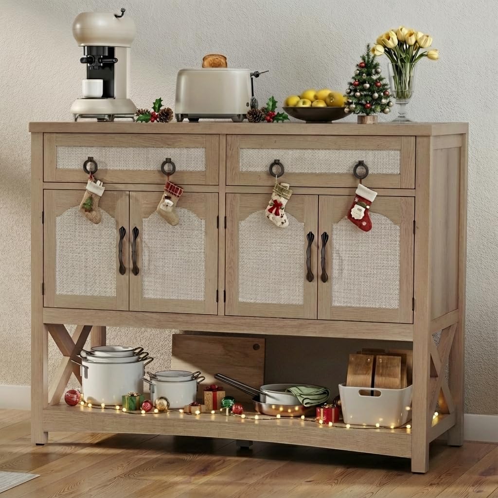 DWVO 47.2" Rattan Buffet Sideboard Cabinet with Storage, Farmhouse Coffee Bar Cabinet w/2 Drawers, 4-Doors Console Table with Adjustable Shelves for Kitchen, Dining Room, Living Room, Entryway (Oak)