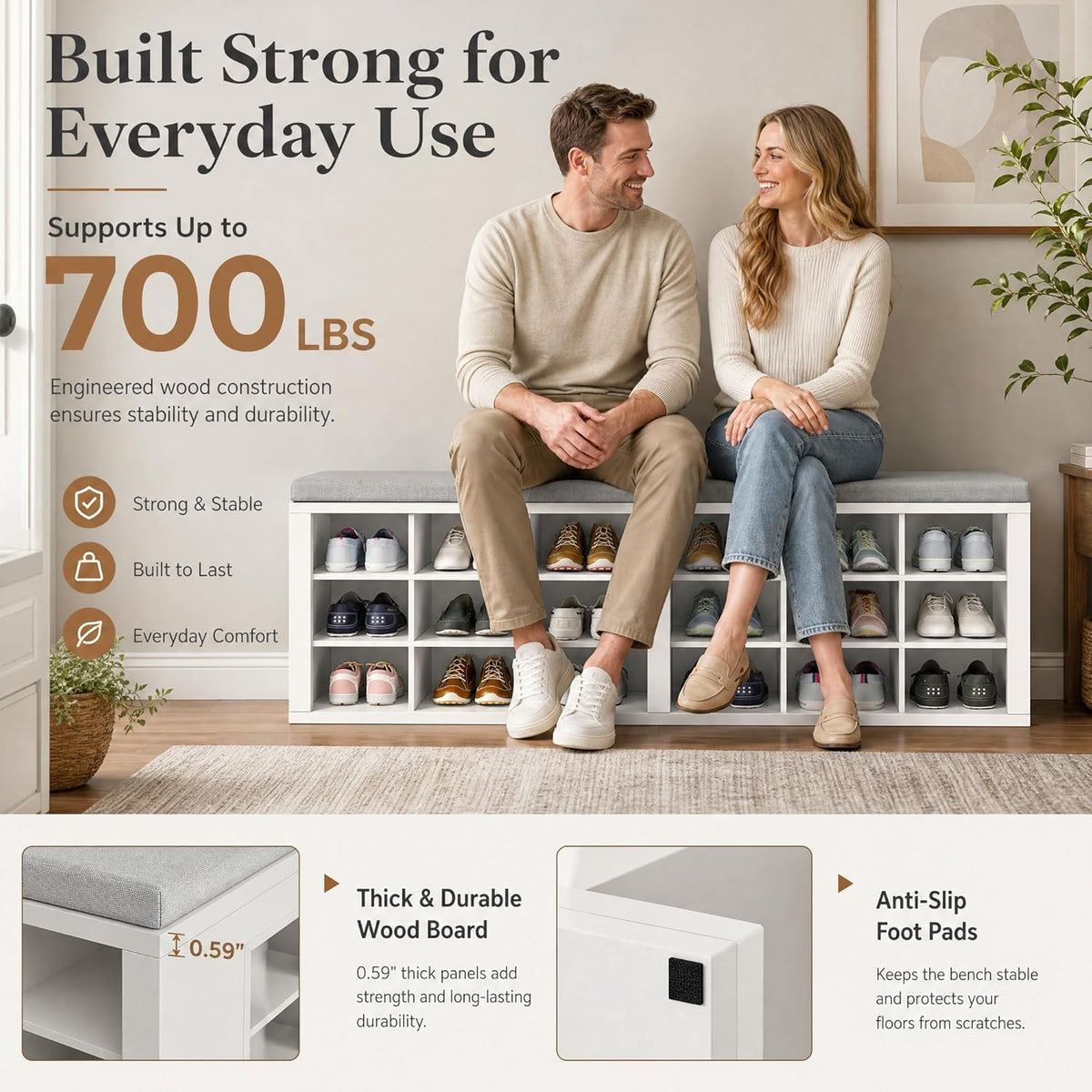 Shoe Storage Bench with Padded Seat, 18-Cubby Shoe Organizer for Entryway, 59.1" Long 700 lb Capacity, for Living Room, Bedroom, Hallway (Whiteboard with Light Gray, Linen, Sponge)