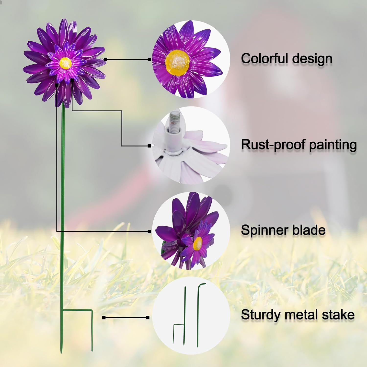 Metal Flower Wind Spinner Garden Lawn Stakes Yard Art, 27inch Lawn Windmill Ornaments Outside Garden Decorations Outdoor for Yard, 5pieces Windmill Gardening Porch Outdoor Summer Decor