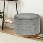 Round Storage Ottoman with Tray Lid, Folding Chenille Fabric Footrest with Hidden Storage, 22.8" Large Footstool Side Table for Dorm Living Room Bedroom, Wood Grain Base, Grey