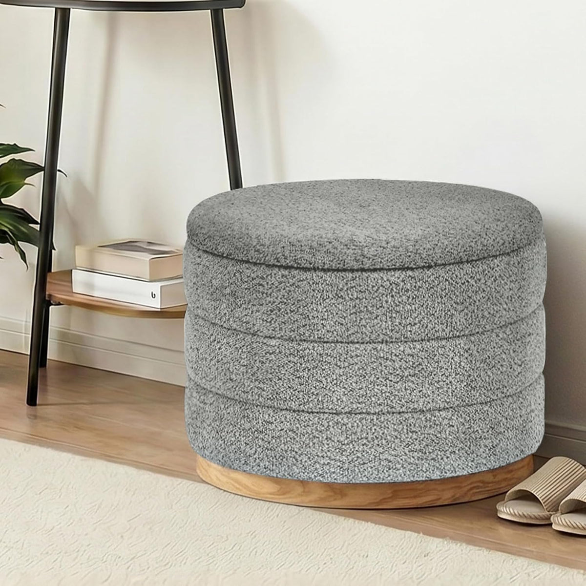 Round Storage Ottoman with Tray Lid, Folding Chenille Fabric Footrest with Hidden Storage, 22.8" Large Footstool Side Table for Dorm Living Room Bedroom, Wood Grain Base, Grey