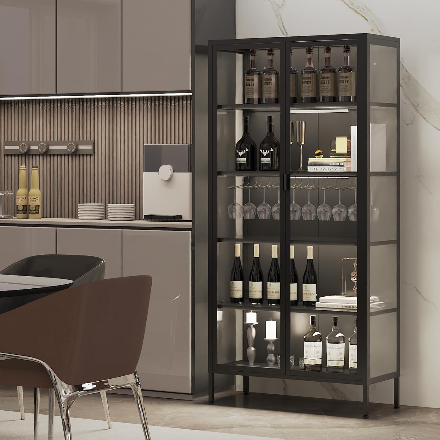 71" H Display Cabinet with Glass Doors,Display Case with LED Sensor Lights,Glass Display Cabinet with Adjustable Shelves and Feet,Display Cabinets for Living Room/Bedroom/Kitchen