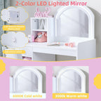 Kids Vanity with Lights, Vanity Set with Drawer and Storage Shelves, 2 in 1 Toddler Vanity with Lighted Mirror, Girls Vanity Set with Stool for Little Girls (White)