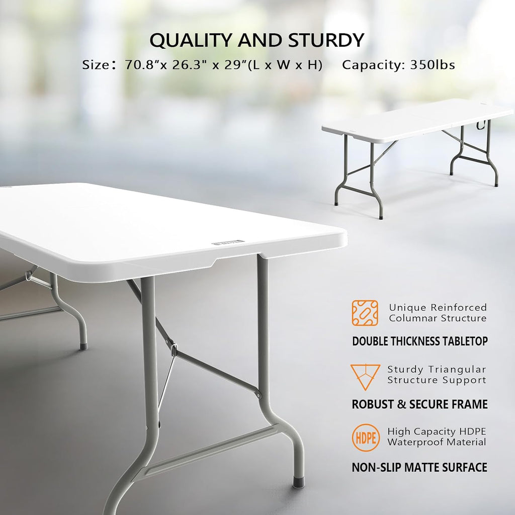 VINGLI 6-Foot Portable Plastic Folding Table,Rectangular HDPE Tabletop Foling Table for Indoor and Outdoor Use with Carrying Handle,White 2 Pack