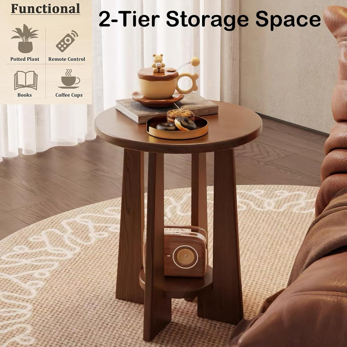YUNMUAIR-Round Wood End Table with 2-Tier Storage,15.75" Dia Small Accent Sofa Table,Solid Wood Nightstand,Modern Side Tables for Living Room Bedroom Small Space,Walnut Brown