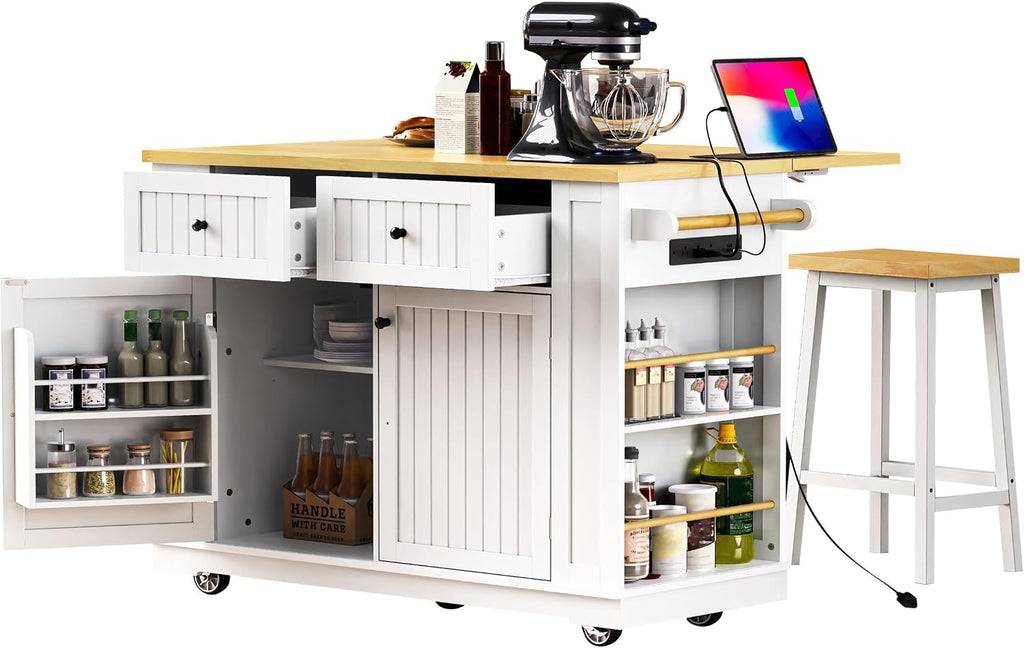 48" Kitchen Island with Drop Leaf, Power Outlet and Wheels | Drop Leaf Extension, Built-In Power Outlet, Rolling Wheels, 48 Inch Width, Kitchen Storage