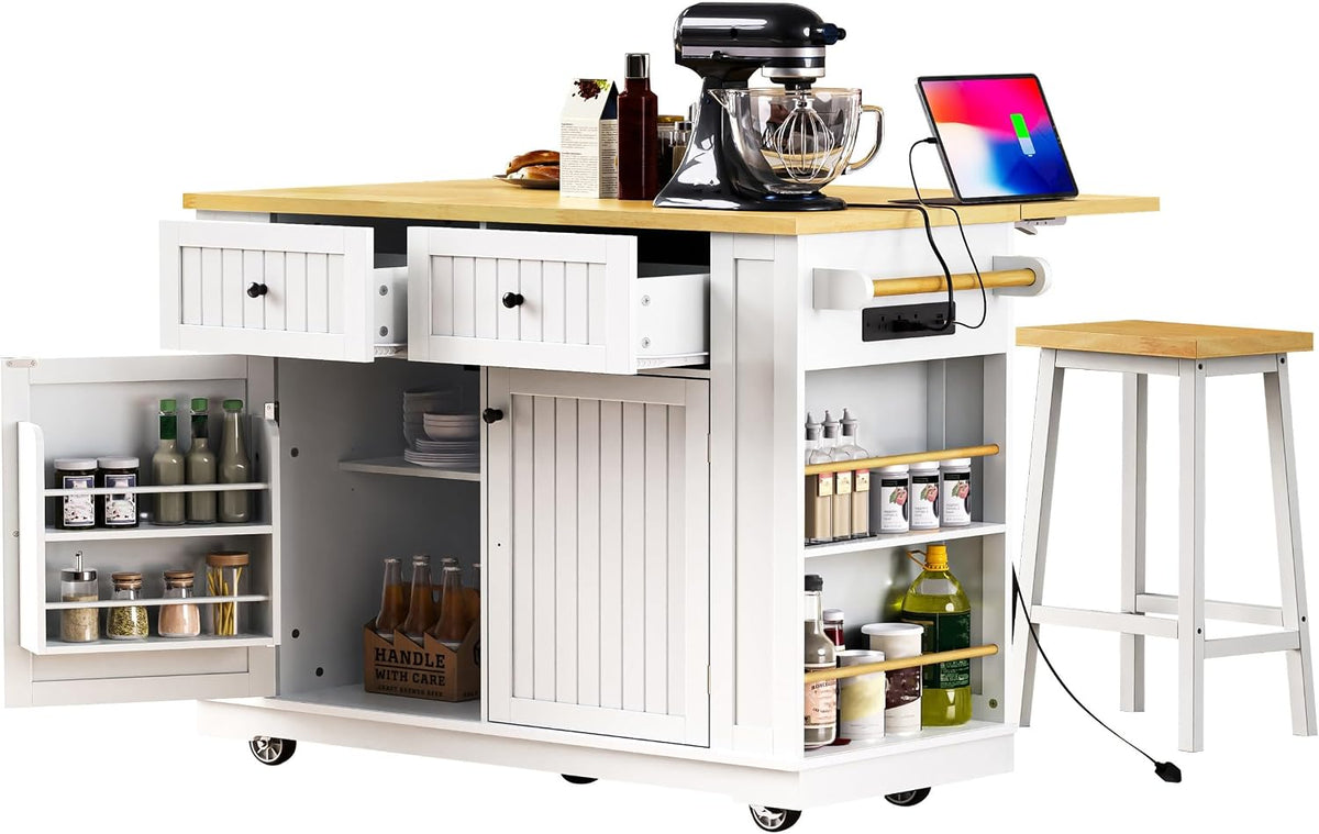 48" Kitchen Island with Drop Leaf, Power Outlet and Wheels | Drop Leaf Extension, Built-In Power Outlet, Rolling Wheels, 48 Inch Width, Kitchen Storage