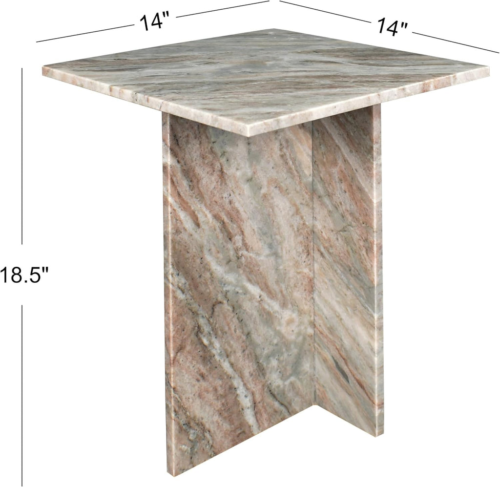 Eyely BTM1104A Thorne 18.5" Contemporary Natural Marble Handmade T-Shaped End Table, Side Table for Bedroom, Living Room, Gray/Beige